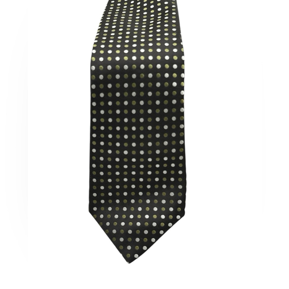 Geoffrey Beene Mens Necktie Black Gold Silver Polka Dot Classic Formal Silk Like